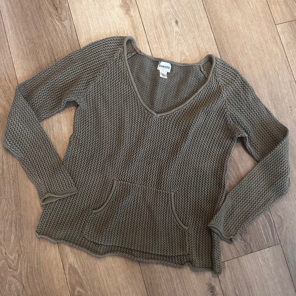 Chicos Cotton Open Knit V-Neck Sweater Olive Taupe Kangaroo Pocket Size 1 M